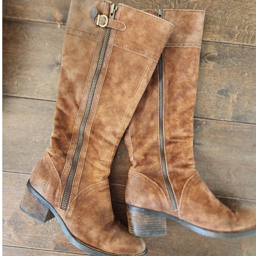 Born Poly Brown Suede Knee High Riding Boots Plaid Lining. Festival Gritty Boho